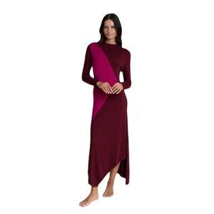 Colorblock Knit Long Sleeve Burgundy & Magenta Asymmetrical‎ Maxi Dress